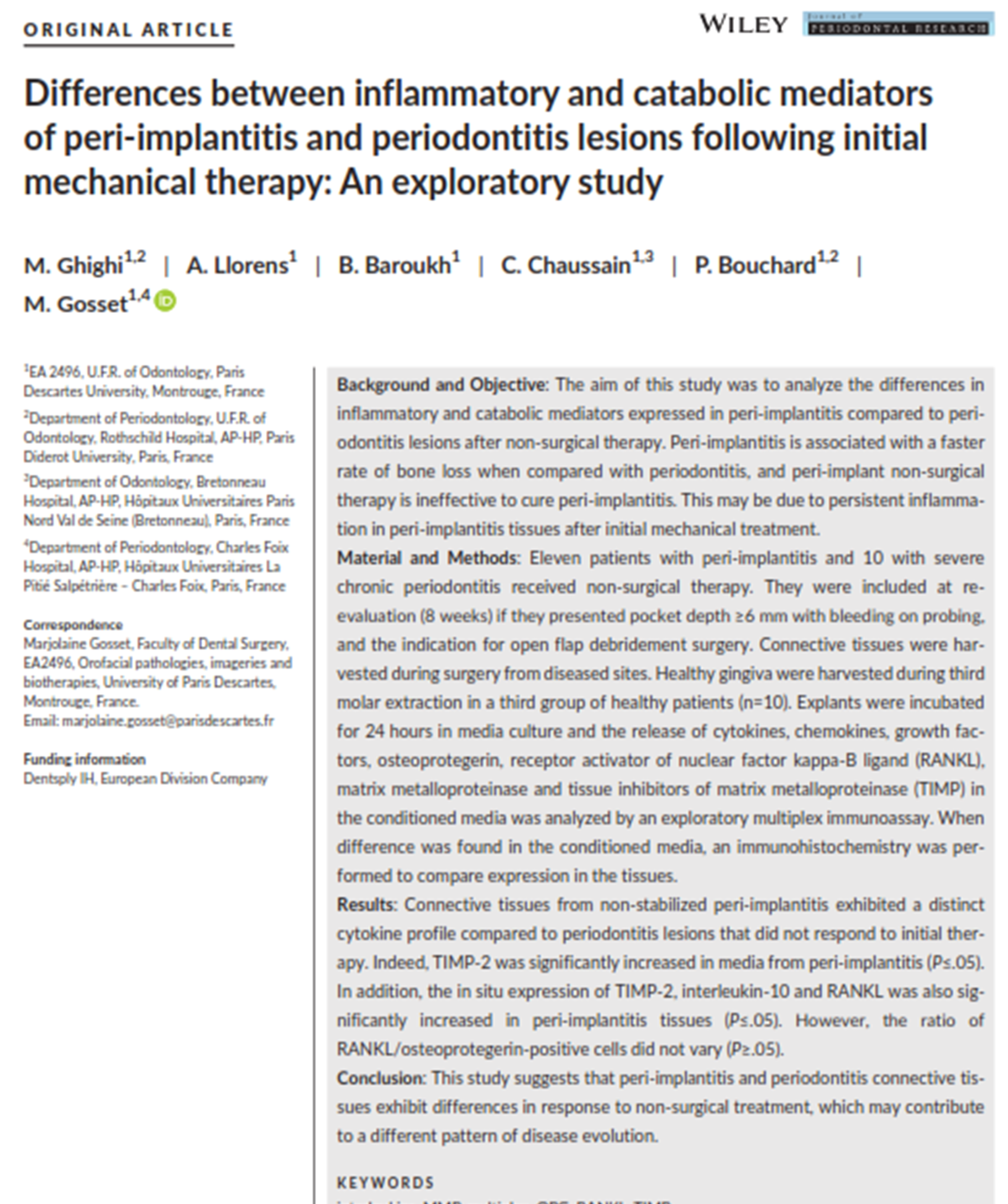 Article scientifique du Dr Maxime GHIGHI - Comparaison des parodontites et péri-implantites, travail de recherche en biologie, publication internationale 